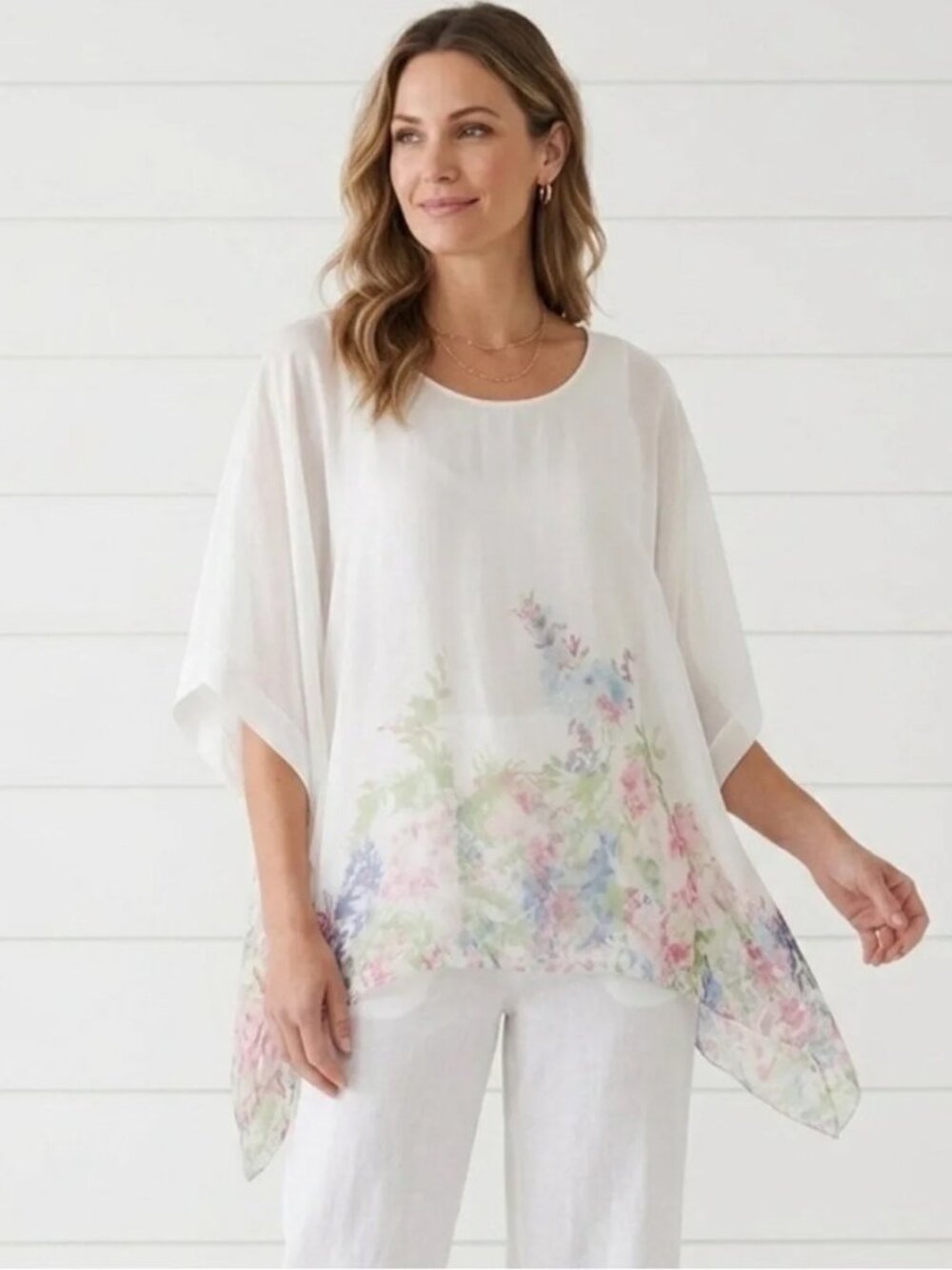 NWT Elena Baldi Women's 100% Silk Caftan Floral Sheer Pullover Blouse Size S